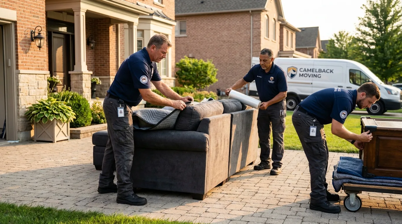 Large estate moving crew wrapping furniture in Linden, CA