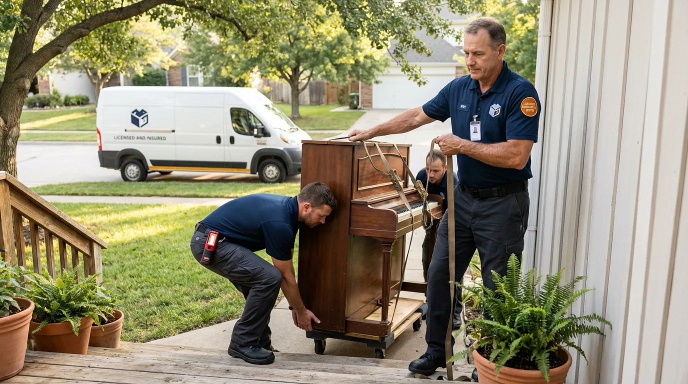 Licensed piano movers securing grand piano in Linden, CA