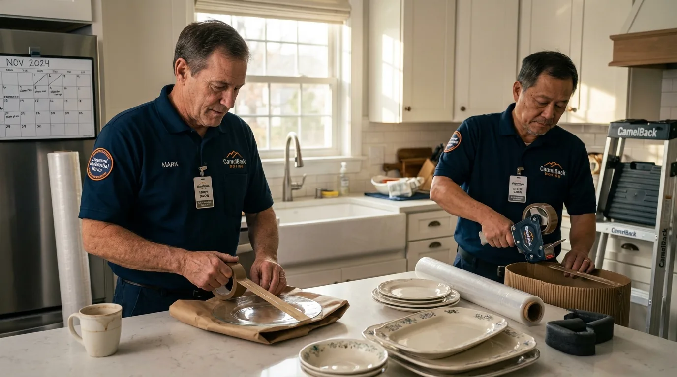 Professional crew packing kitchen dishware in Linden, CA